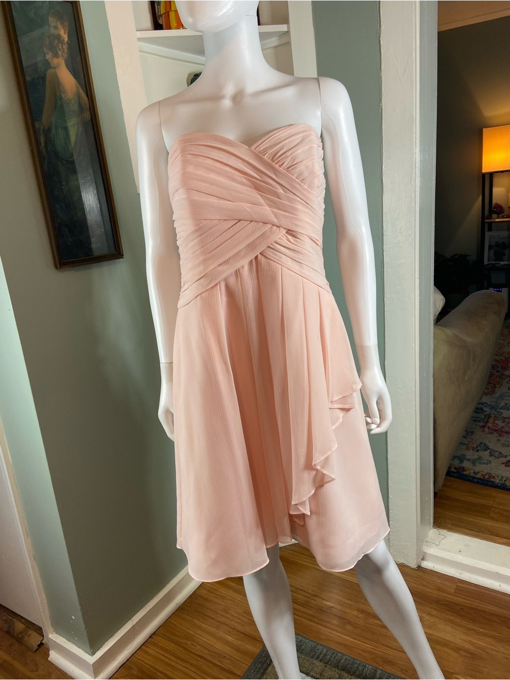David's Bridal Petal Pink Strapless Crinkle Ruched Chiffon Sweetheart Mini Dress